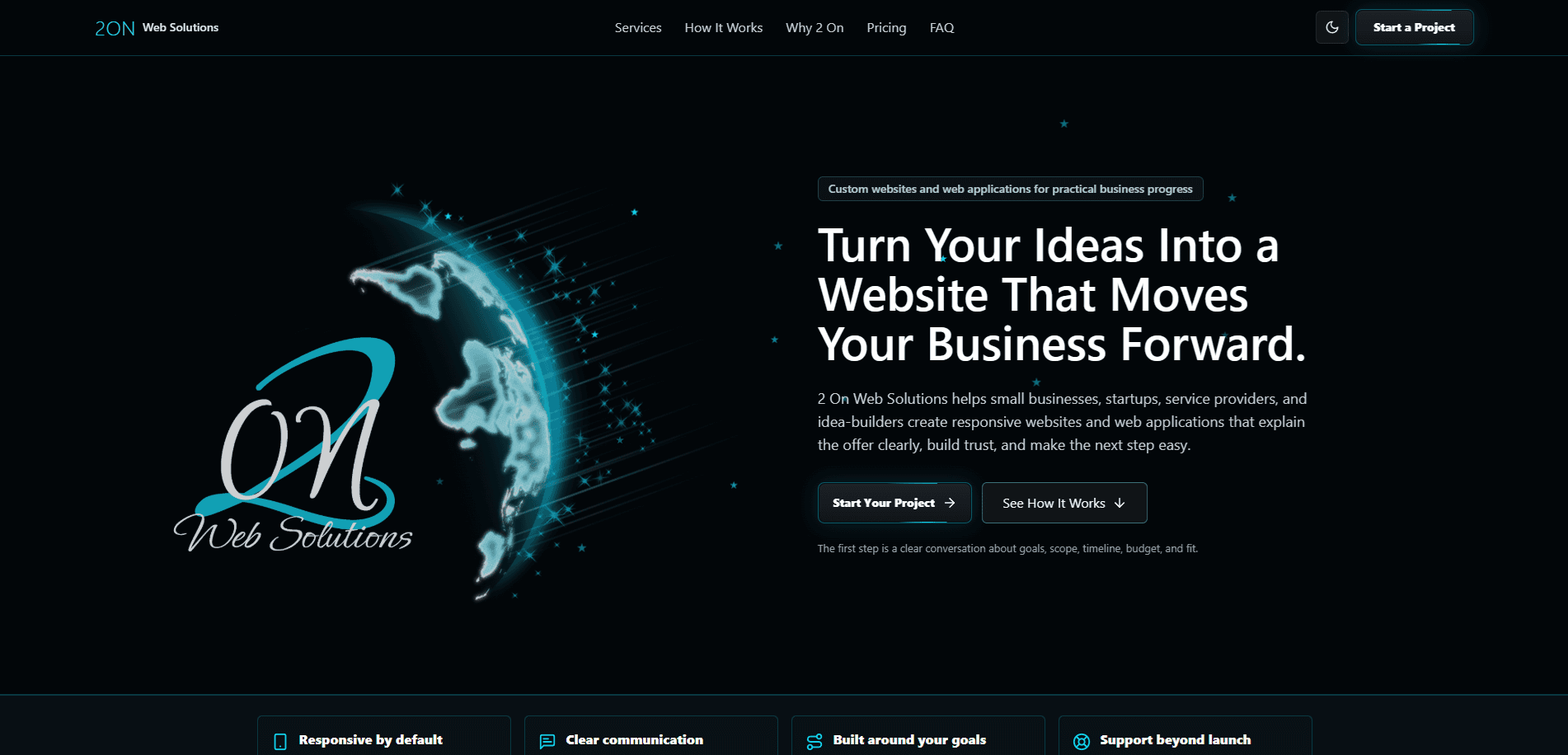 2 On Web Solutions dark homepage screenshot.