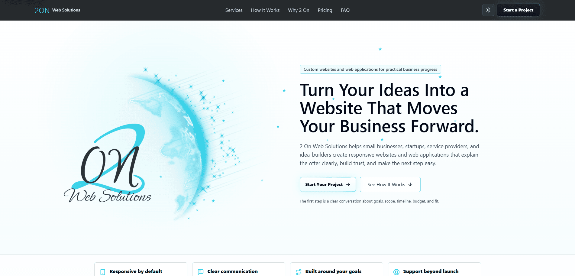 2 On Web Solutions light homepage screenshot.